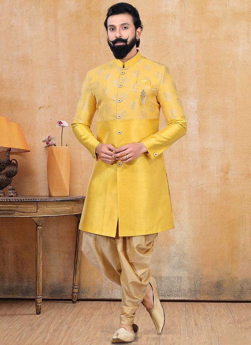 Yellow Colour Designer Wedding Wear Indo Western Collection 1328